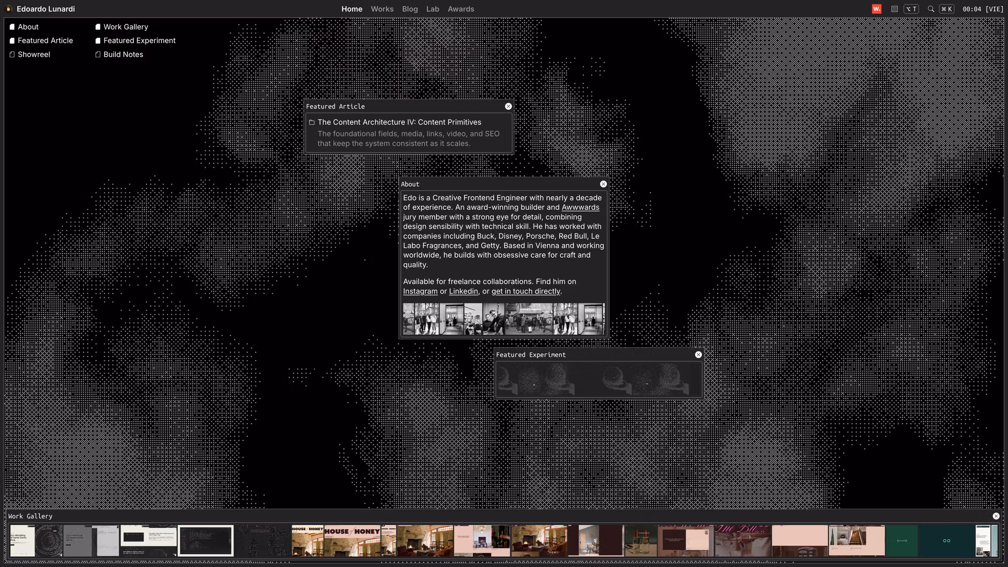 Portfolio website homepage for Edoardo Lunardi with featured article, about, and work gallery