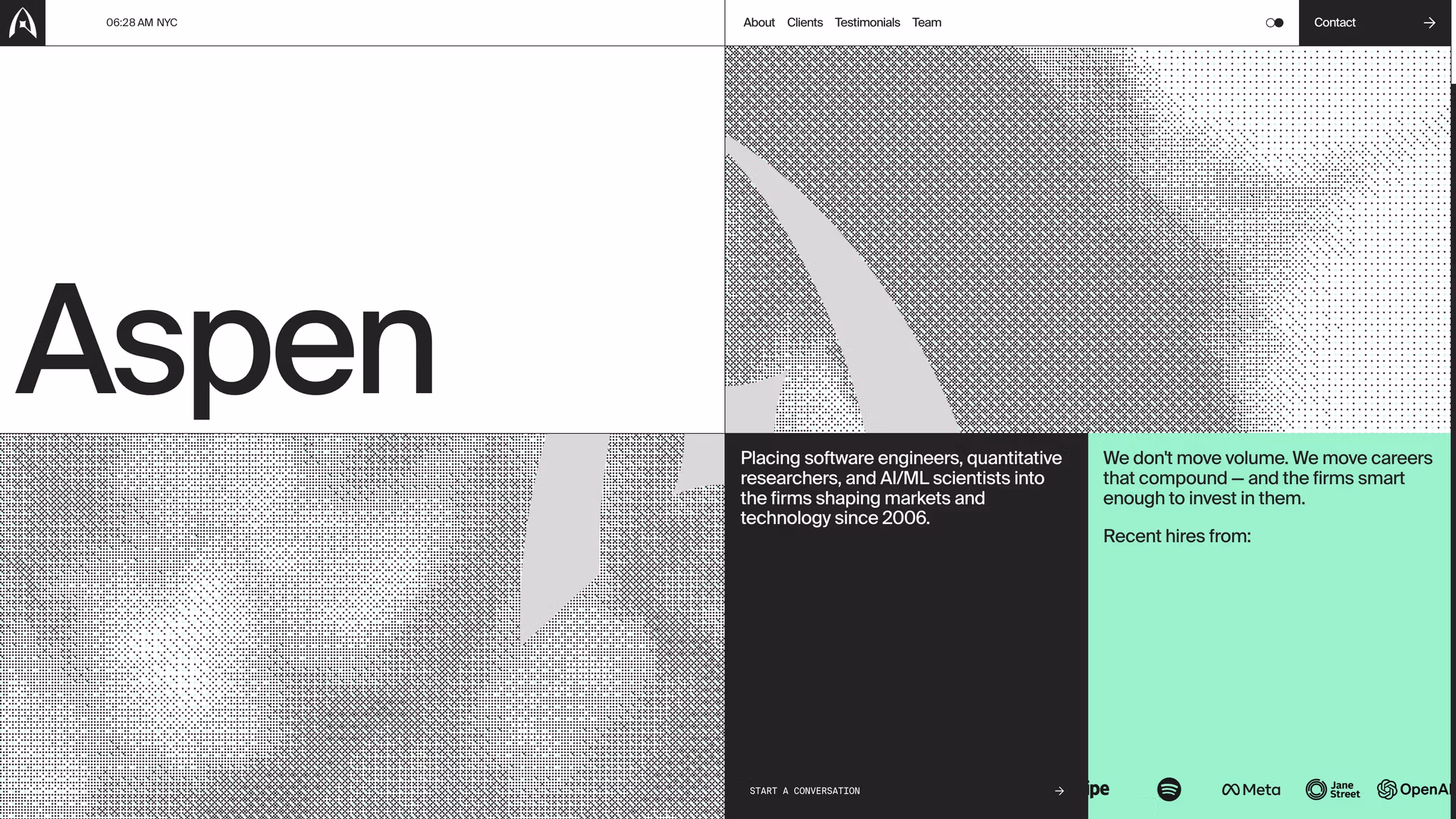 Aspen website hero section describing recruiting for software and AI/ML roles