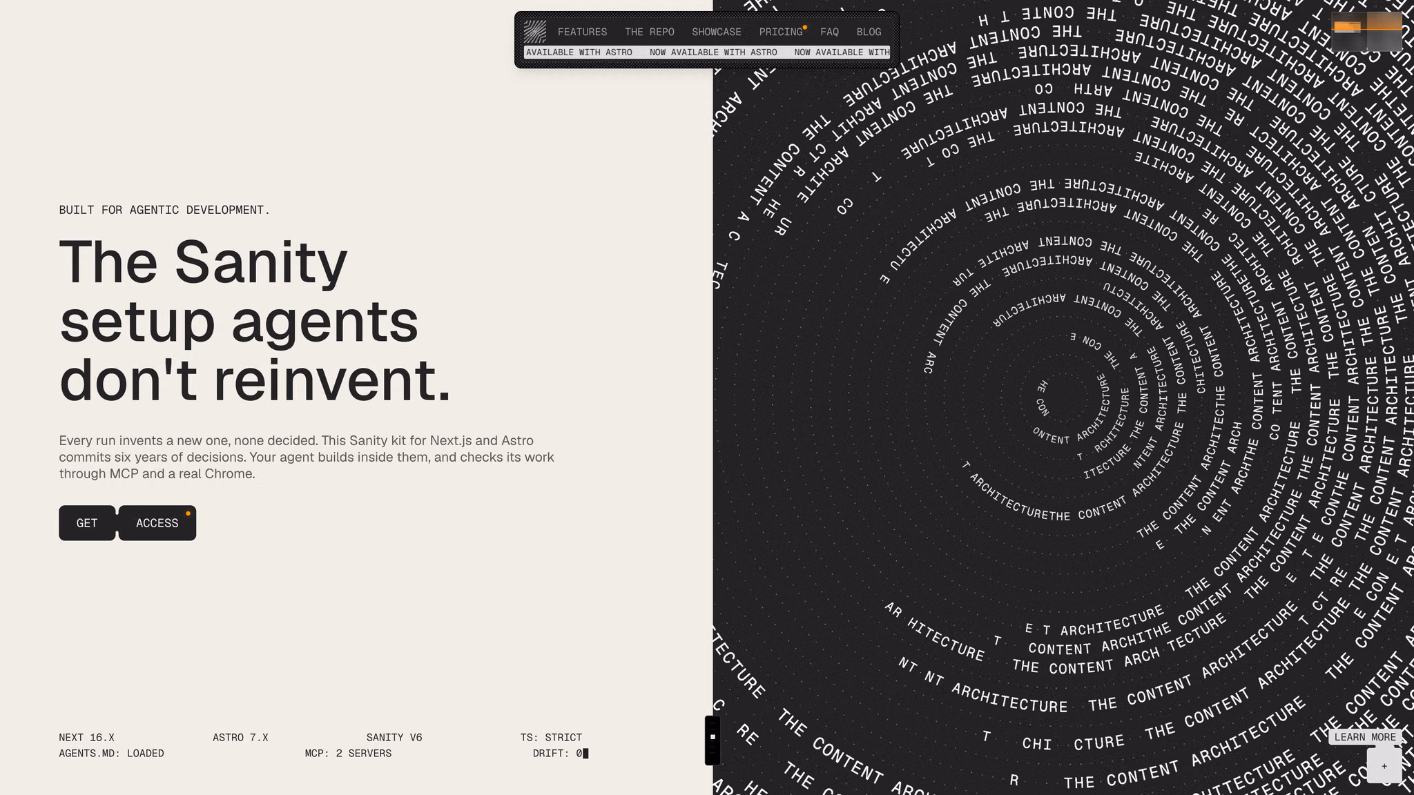 Sanity landing page with headline “The Sanity setup agents don’t reinvent”